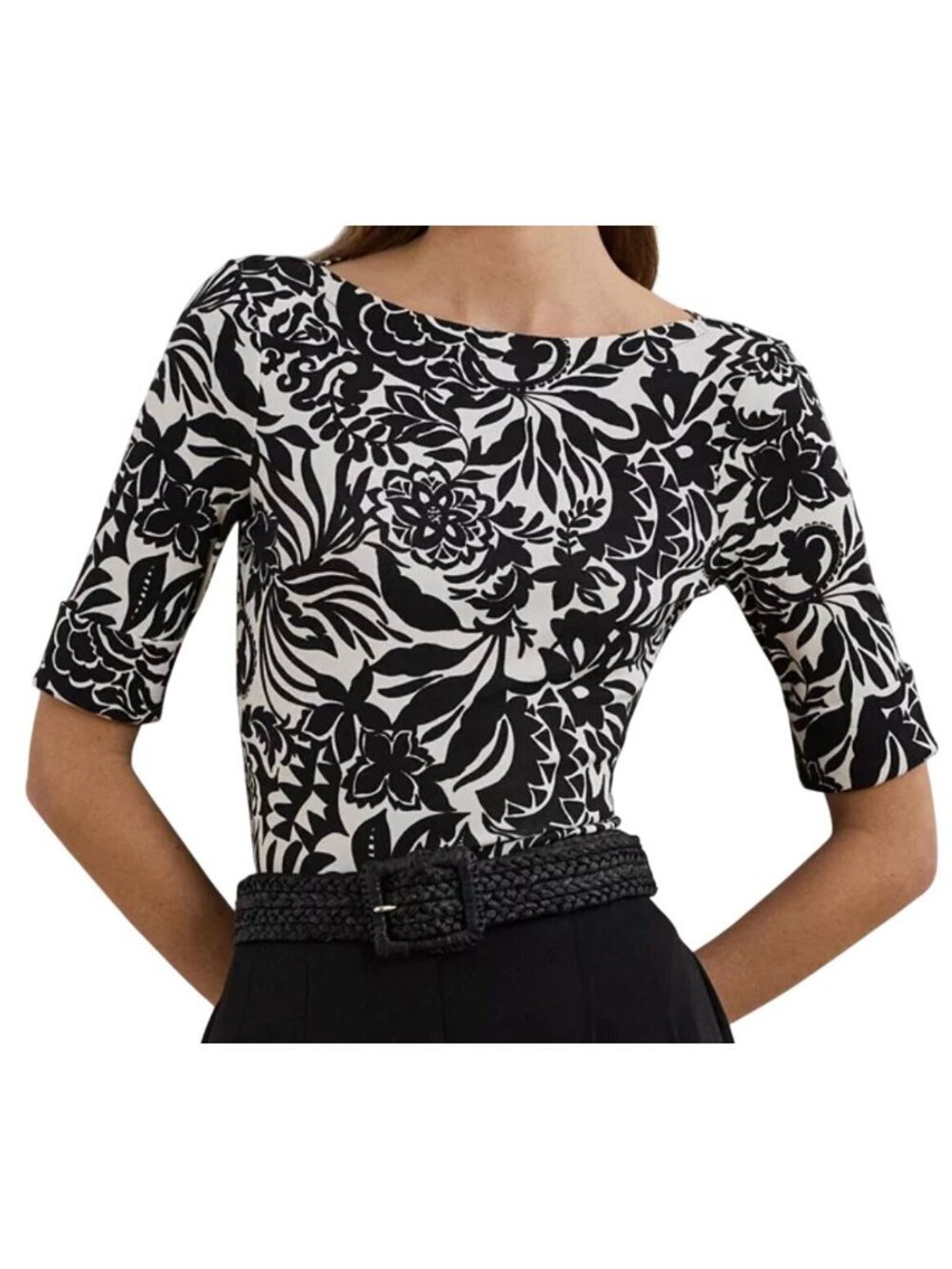 NWOT Lauren Ralph Lauren Black White Floral Stretch Boatneck Top M MSRP $60